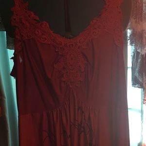 Floral print red tank w/ sweetheart lace inset